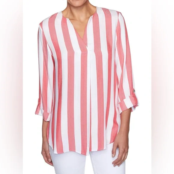 Ruby Rd. Red White Cabana Stripe V-neck Costal Nautical Top Medium NWT - Picture 1 of 6